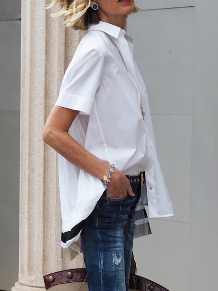 

Loose Color Block Urban Shirt Collar Blouse, White, Blouses and Shirts