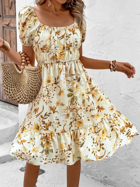 

Square Neck Loose Casual Floral Dress, Yellow, Dresses