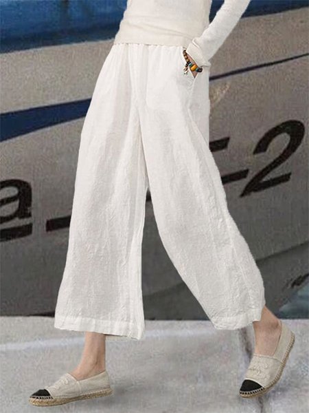 

Women's Solid Color Elastic Waist Wide Leg Cropped Pants, White, Pants
