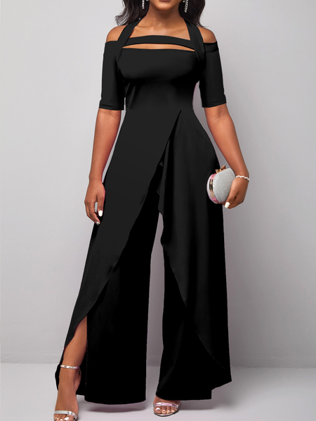 

Short Sleeve Cold Shoulder Black Jumpsuit, Jumpsuits＆Rompers