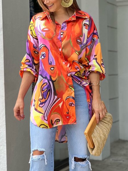 

Shirt Collar Casual Loose Abstract Blouse, As picture, Blouses and Shirts