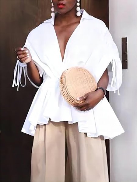 

Elegant Plain V Neck Loose Blouse, White, Blouses and Shirts