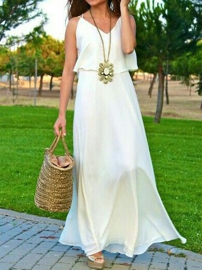 

Loose Vacation Plain Chiffon Dress, White, Formal Dresses