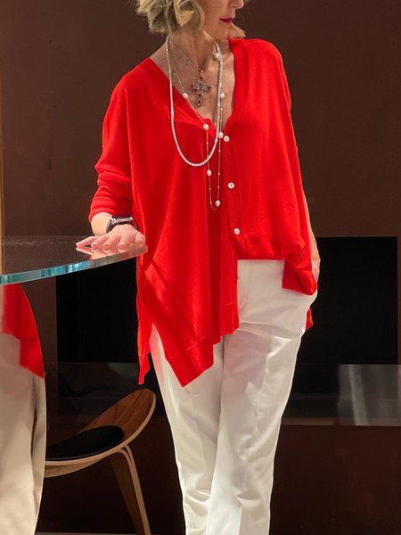 

Casual V Neck Plain Regular Fit Blouse, Red, Cardigans
