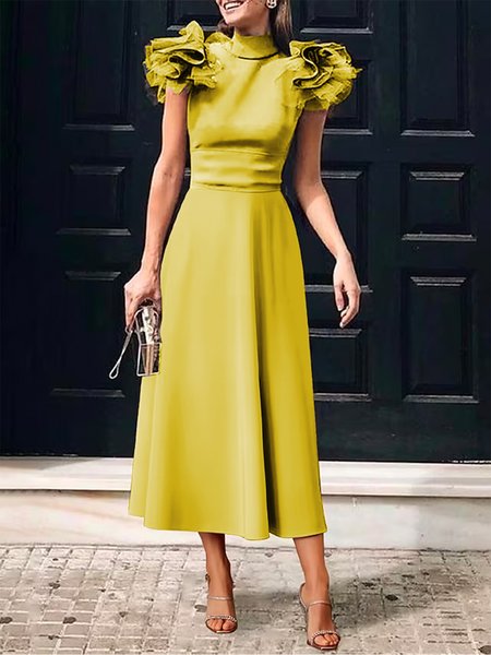 

Elegant Stand Collar Plain Regular Fit Midi Dress, Yellow, Midi Dresses