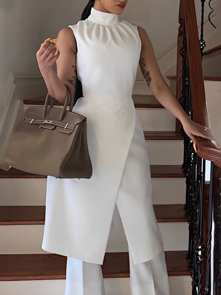 

Urban Plain Stand Collar Sleeveless Regular Fit Shirt, White, Blouses and Shirts