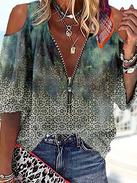 

V Neck Loose Casual Zipper Shirt, Multicolor, Blouses