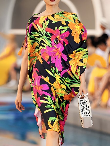 

Floral Loose Boat Neck Vacation Mini Dress, As picture, Midi Dresses