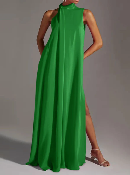 

Plain Half Turtleneck Loose Elegant Dress, Green, Maxi Dresses