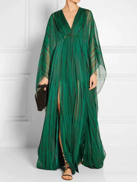 

Loose Plain V Neck Elegant Dress, Green, Maxi Dresses
