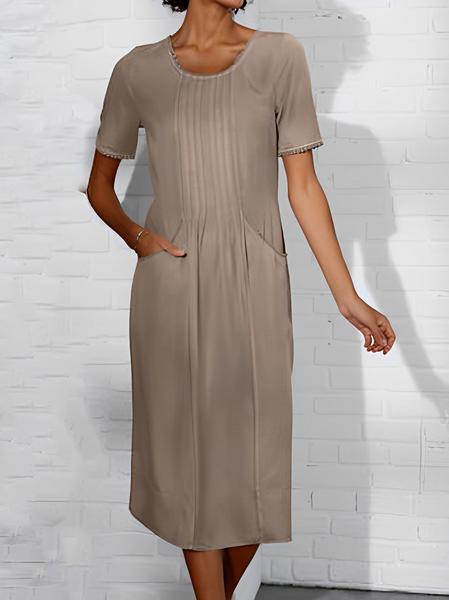 

Plain Crew Neck Cotton And Linen Casual Dress, Khaki, Clothing