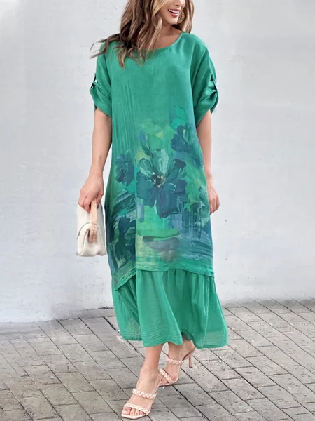 

Vacation Floral Crew Neck Loosen Short Sleeve Midi Dress, As picture, Maxi Dresses