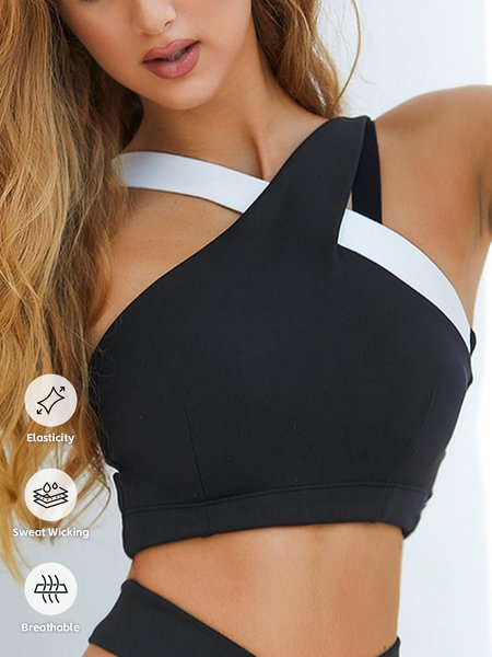 

Color Block Halter Simple Sports Bra, Black, Crop Bras