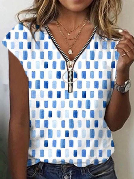 

V Neck Loose Zipper Casual T-Shirt, Blue, T-Shirts