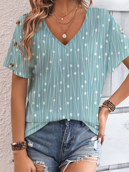 Buckle Jersey Geometric Printed Casual V neck Blouses