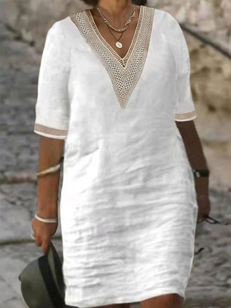 

Plus Size Casual Cotton Lace Plain Dress, White, Dresses