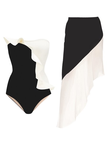 

Vacation Split Joint Color Block One Piece With Cover Up, Black-white, Coverups