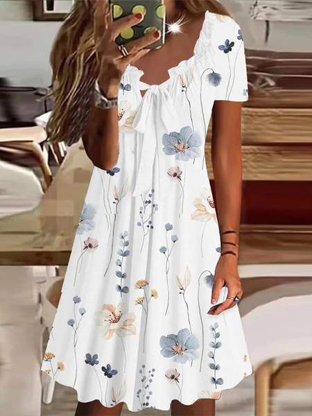 

Casual V Neck Floral Loose Dress, White, Dresses