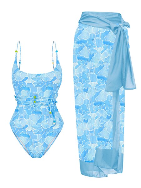 

Vacation Abstract Printing Scoop Neck One Piece With Cover Up, Blue, Coverups