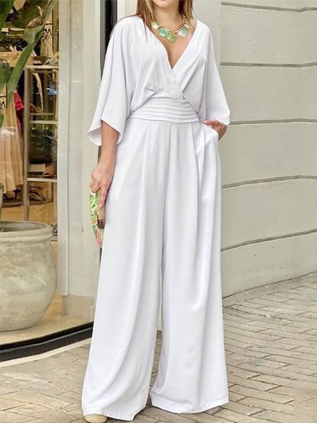 

Plain Regular Fit Elegant V Neck Jumpsuit, White, Jumpsuits