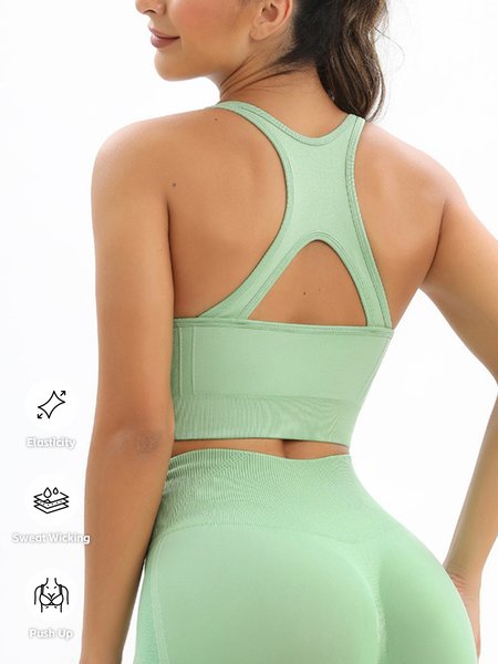 

Seamless knitted solid color beautiful Back Gathered High elastic sports Bra Running Fitness Yoga clothes vest, Green, Crop Bras