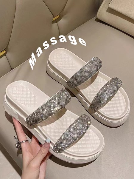 

Striped Rhinestone Massage Platform Sandals, Beige, Sandals