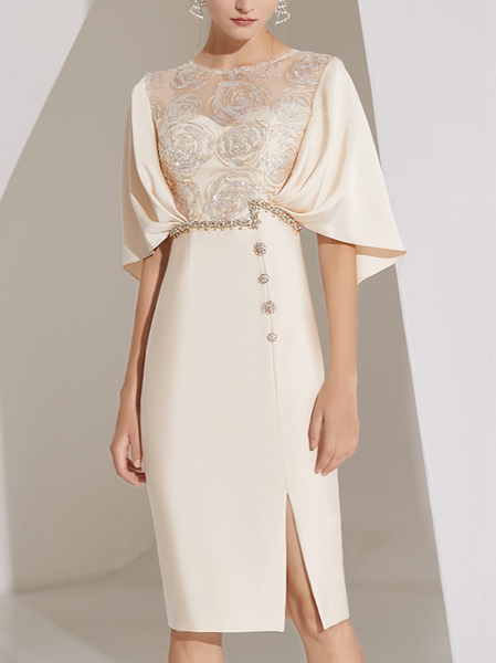 

Wedding Guest Satin Elegant Floral Regular Fit Dress, Apricot, Midi Dresses