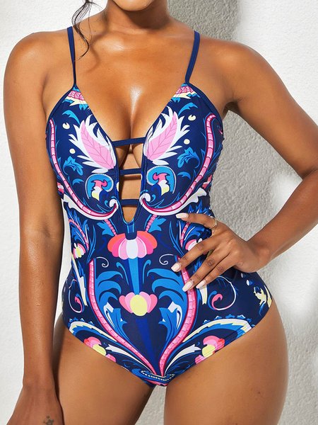 

Vacation Abstract V Neck One-Piece, Blue, One-Pieces
