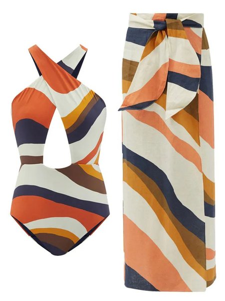 

Printing Cross Neck Abstract One Piece With Cover Up, Multicolor, Coverups