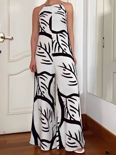 

Vacation Abstract Halter Regular Fit Sleeveless Jumpsuit, Black-white, Jumpsuits