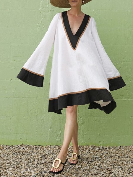 

Vacation Regular Fit V Neck Long sleeve Dress, White, Mini Dresses