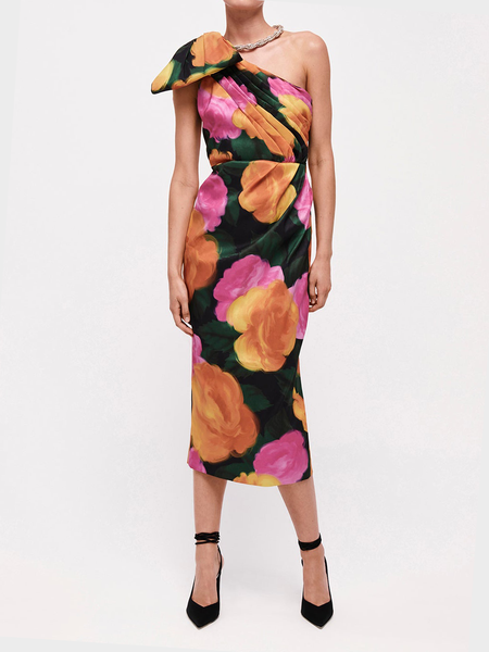 

Wedding Guest One Shoulder Elegant Dress, Flower, Midi Dresses