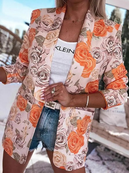 

Floral Regular Fit Elegant Lapel Collar Blazer, Orange, Blazers