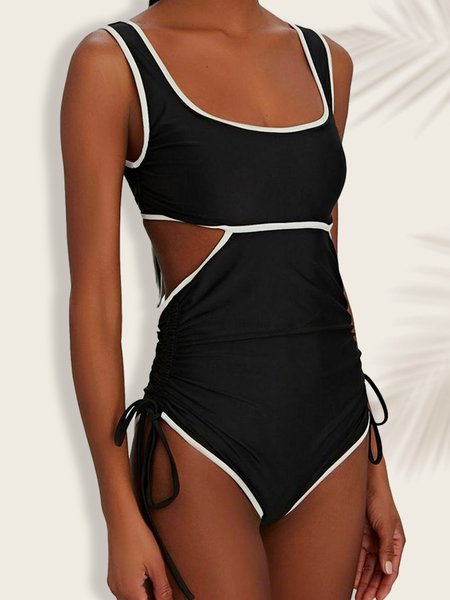

Sports Color Block Split Joint Scoop Neck One-Piece Swimsuit, Black, One-Pieces