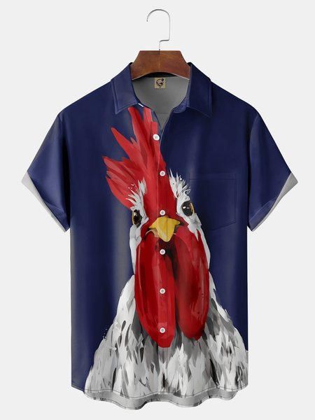 

Rooster Chest Pocket Short Sleeve Casual Shirt, Blue, Men Shirts
