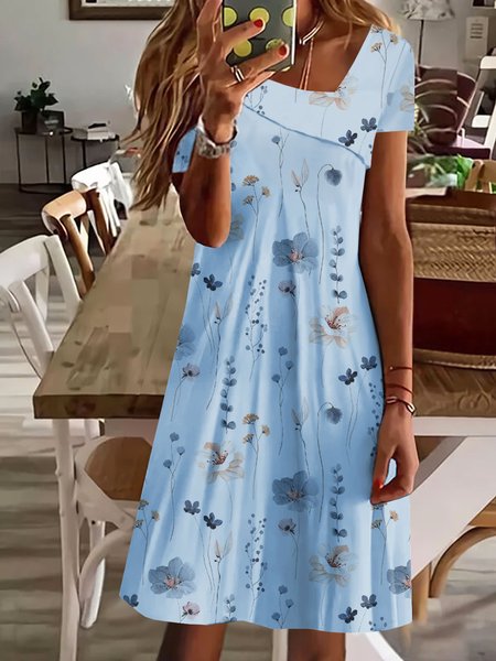 

Asymmetrical Neck Casual Floral Printed Dress, Blue, Short