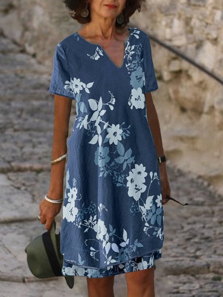 

Women's summer floral printed short-sleeved dress, Purplish blue, Dresses