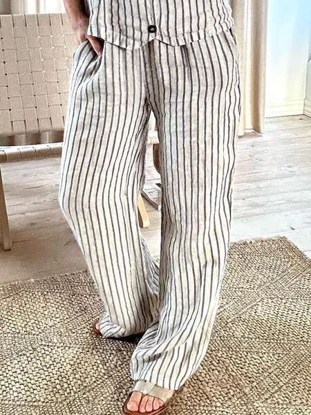 

Cotton And Linen Striped Linen Pants, Gray, Pants