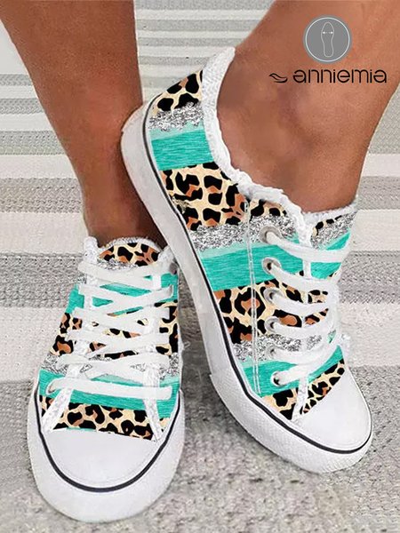 

Glitter Printed Leopard Fringe Hem Casual Canvas Shoes, Sneakers
