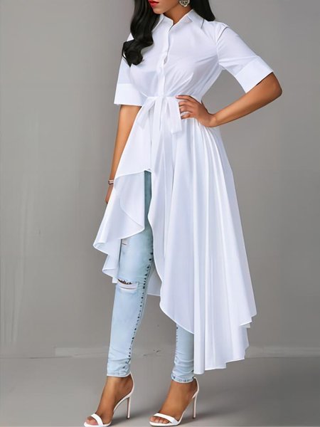 

Plain Regular Fit Shirt Collar Casual Blouse, White, Blouses and Shirts