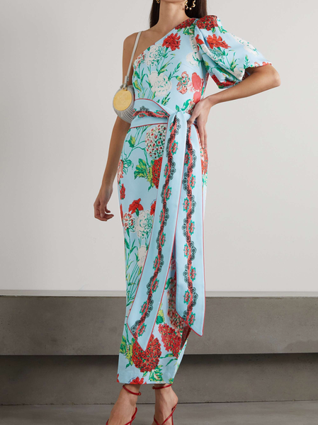 

Wedding Guest One Shoulder Elegant Floral Dress With Belt, Blue, Midi Dresses