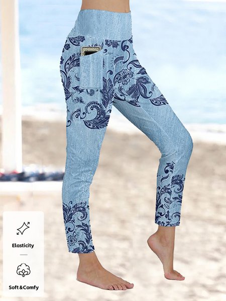 

Regular Fit Floral Casual Sweatpants & Joggers, Blue, Leggings
