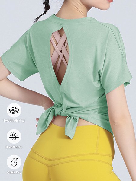 

Back slit yoga clothing women's summer strap breathable quick-drying European and American running fitness short-sleeved T-shirt yoga top, Green, T-Shirts