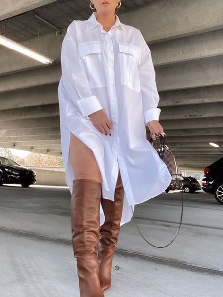 

Plain Casual Loose Shirt Collar Dress, White, Midi Dresses
