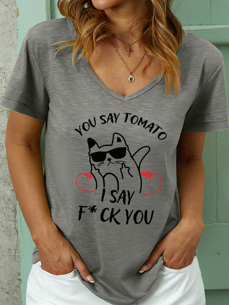 

Lilicloth X Jessanjony You Say Tomato I Say F*ck You Women’s Text Letters Cat Casual T-Shirt, Gray, T-shirts