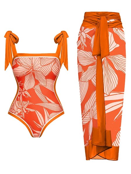 

Vacation Plants Printing Strapless One Piece With Cover Up, Orange, swimwear>>One-Pieces