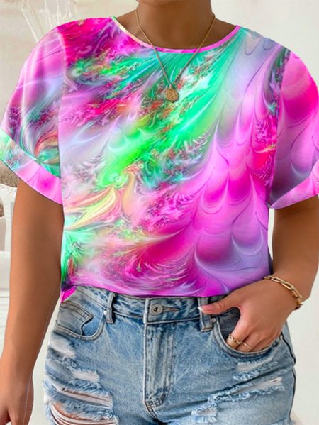 

Plus Size Crew Neck Abstract Loose Casual T-Shirt, Rose red, T-Shirts