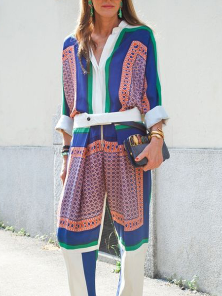 

Shirt Collar Vacation Color Block Blouse, As picture, Blouses and Shirts