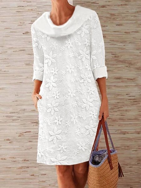 

Cotton-Blend Linen Shawl Collar Plain Dress, White, Dresses