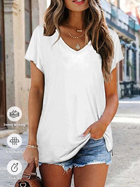 

Plain Loose V Neck Casual T-Shirt, White, T-Shirts